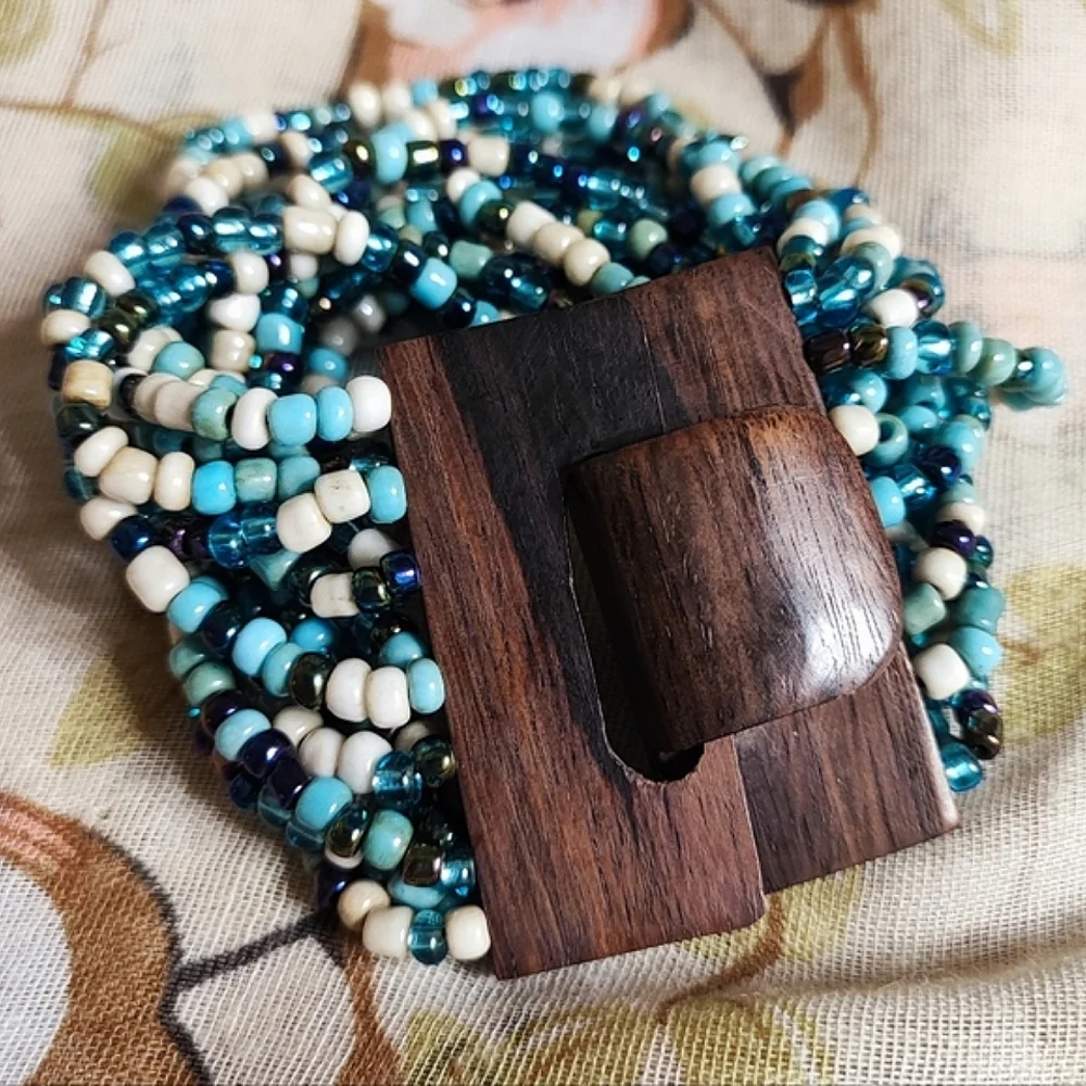 Wood Clasp Seed Beaded Blue Turquoise Cream Twisted Stretch Vintage Bracelet MCM